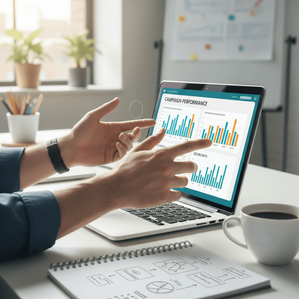 Digital marketing professional reviewing ad campaign analytics