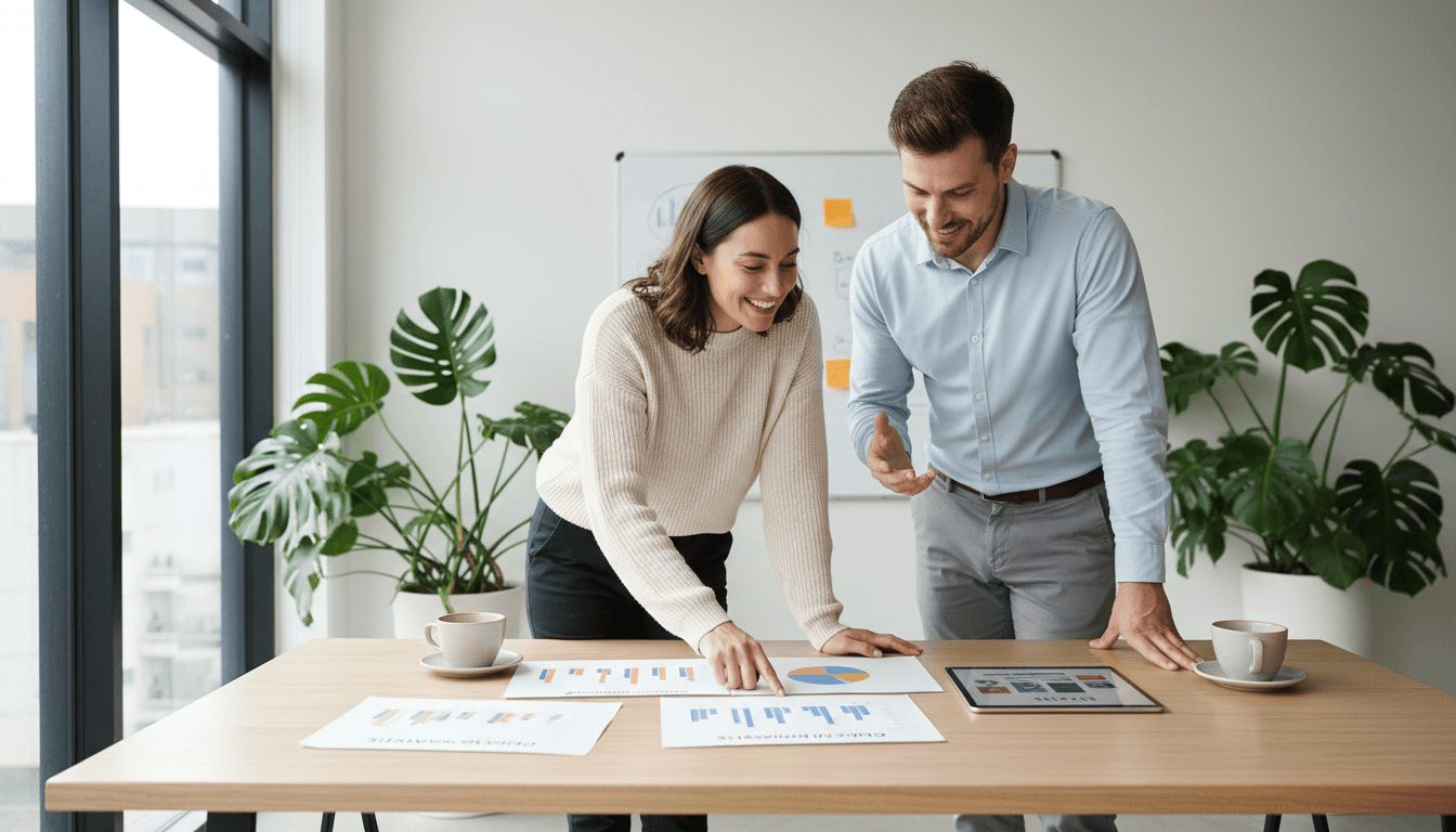 Business owner consulting with advertising specialist about marketing strategy